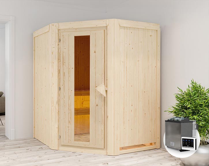 Karibu Innensauna Larin + 9kW Bio-Kombiofen + externe Steuerung - 68mm Elementsauna - Energiespartür - Ecksauna