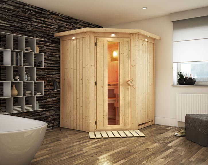 Karibu Innensauna Larin + Dachkranz - 68mm Elementsauna - Energiespartür - Ecksauna