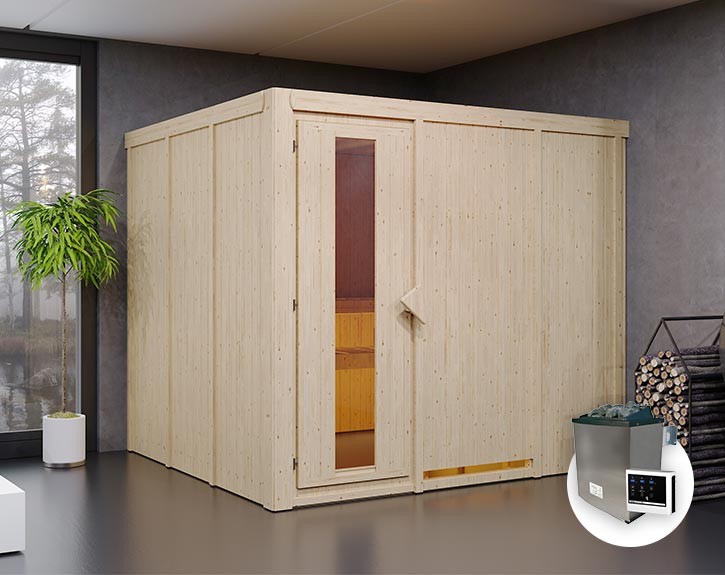 Karibu Innensauna Gobin + 9kW Saunaofen + externe Steuerung Easy - 68mm Elementsauna - Energiespartür