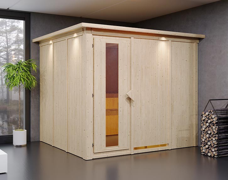 Karibu Innensauna Gobin + Dachkranz - 68mm Elementsauna - Energiespartür