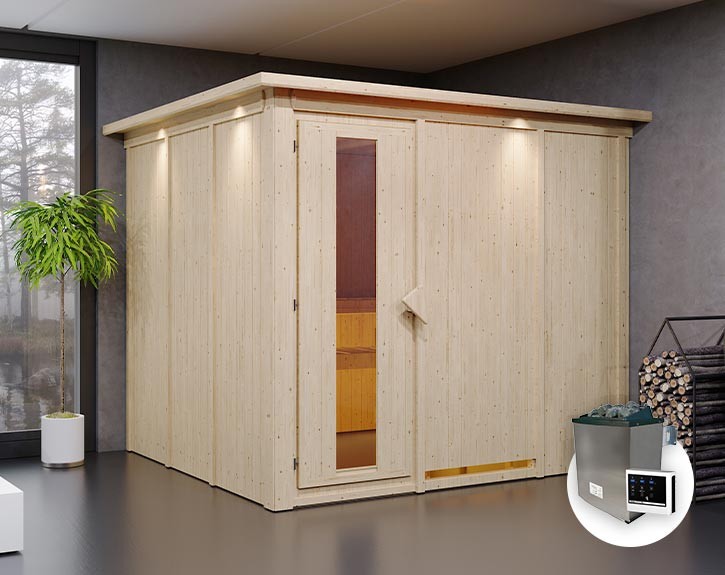 Karibu Innensauna Gobin + Dachkranz + 9kW Saunaofen + externe Steuerung Easy - 68mm Elementsauna - Energiespartür