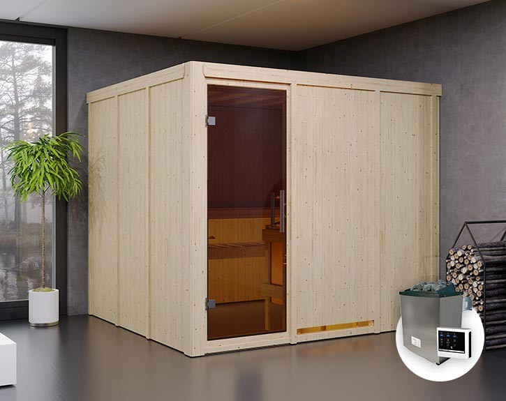 Karibu Innensauna Gobin + 9kW Saunaofen + externe Steuerung Easy - 68mm Elementsauna - Ganzglastür graphit