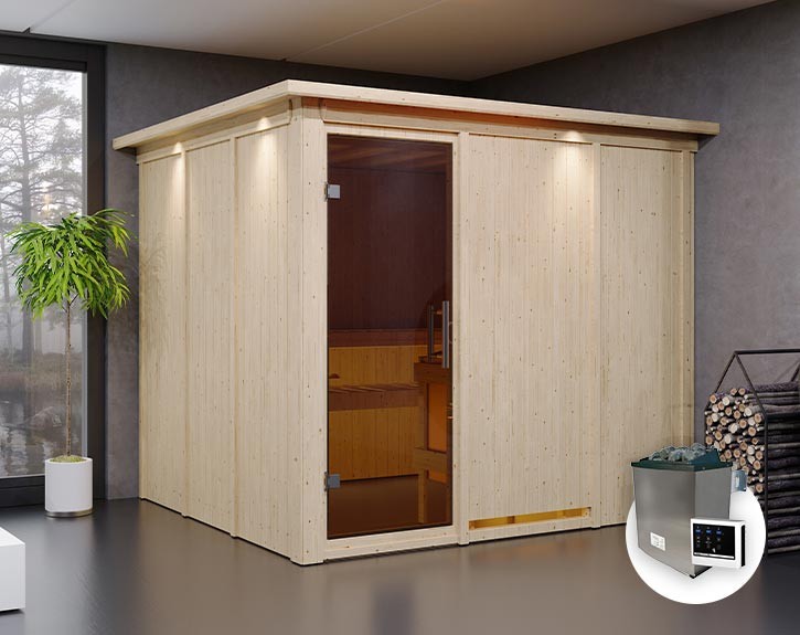 Karibu Innensauna Gobin + Dachkranz + 9kW Saunaofen + externe Steuerung Easy - 68mm Elementsauna - Ganzglastür graphit