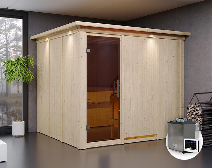 Karibu Innensauna Gobin + Dachkranz + 9kW Bio-Kombiofen + externe Steuerung Easy bio - 68mm Elementsauna - Ganzglastür graphit