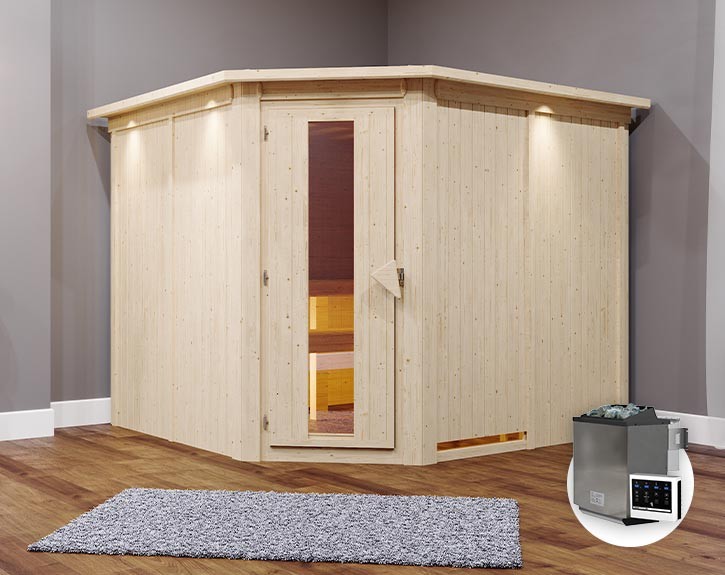 Karibu Innensauna Malin + Dachkranz + 9kW Bio-Kombiofen + externe Steuerung Easy bio - 68mm Elementsauna - Energiespartür - Ecksauna