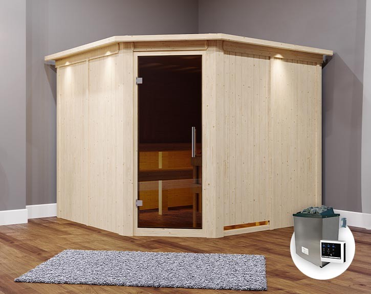 Karibu Innensauna Malin + Dachkranz + 9kW Saunaofen + externe Steuerung Easy - 68mm Elementsauna - Ganzglastür graphit - Ecksauna