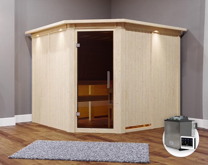 Karibu Innensauna Malin + Dachkranz + 9kW Bio-Kombiofen + externe Steuerung Easy bio - 68mm Elementsauna - Ganzglastür graphit - Ecksauna