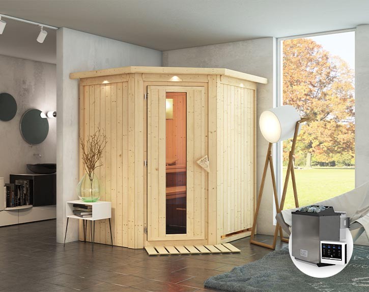 Karibu Innensauna Taurin + Dachkranz + 9kW Bio-Kombiofen + externe Steuerung - 68mm Elementsauna - Energiespartür - Ecksauna