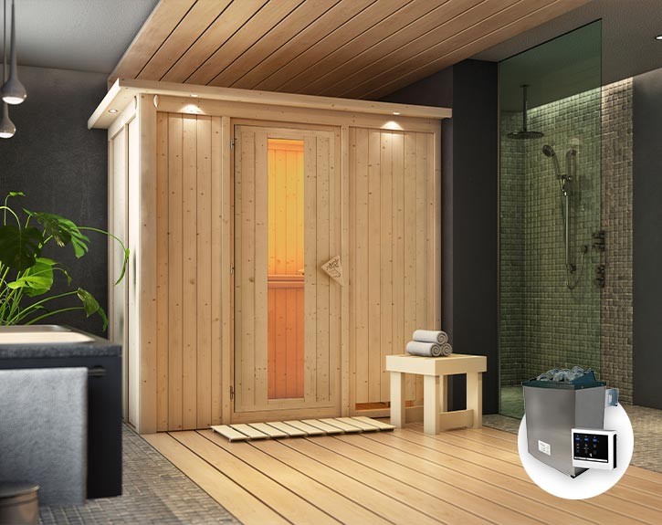 Karibu Innensauna Variado + Dachkranz + 9kW Saunaofen + externe Steuerung - 68mm Systemsauna - Energiespartür