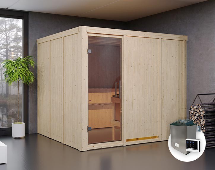 Karibu Innensauna Gobin + 9kW Saunaofen + externe Steuerung Easy - 68mm Elementsauna - Ganzglastür klar