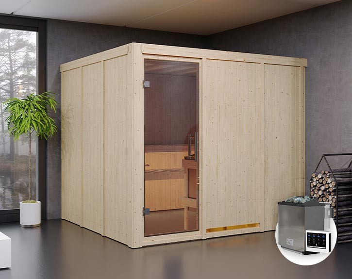 Karibu Innensauna Gobin + 9kW Bio-Kombiofen + externe Steuerung Easy bio - 68mm Elementsauna - Ganzglastür klar