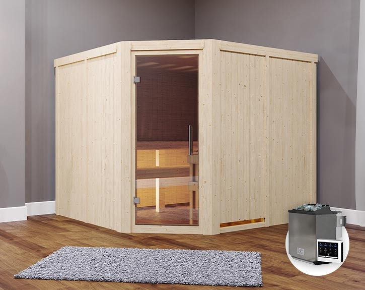 Karibu Innensauna Malin + 9kW Bio-Kombiofen + externe Steuerung Easy bio - 68mm Elementsauna - Ganzglastür klar - Ecksauna