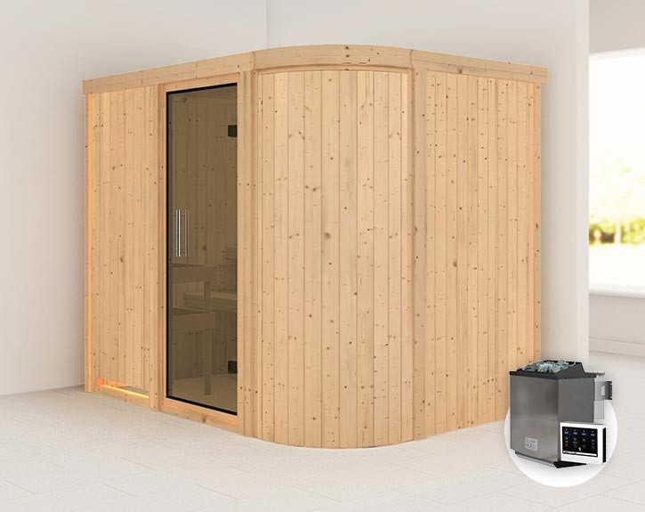 Karibu Innensauna Titania 4 + 9kW Bio-Kombiofen + externe Steuerung Easy bio + abgerundete Ecke - 68mm Elementsauna - Ganzglastür graphit