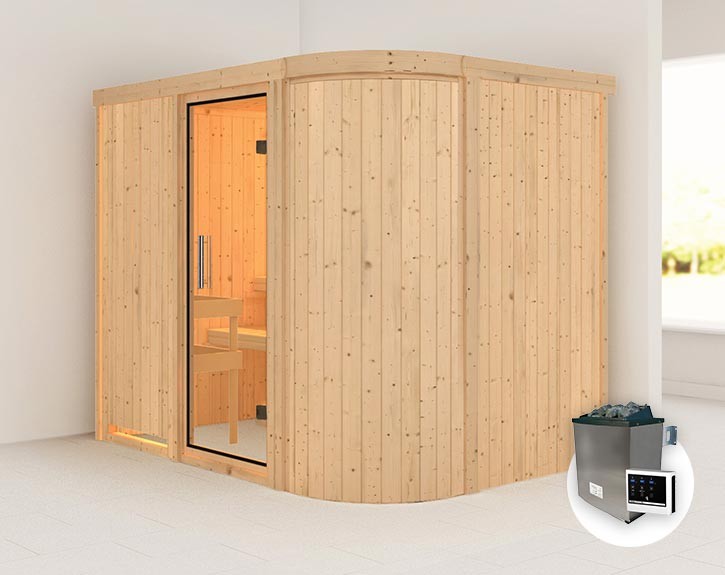 Karibu Innensauna Titania 4 + 9kW Saunaofen + externe Steuerung Easy + abgerundete Ecke - 68mm Elementsauna - Ganzglastür klar