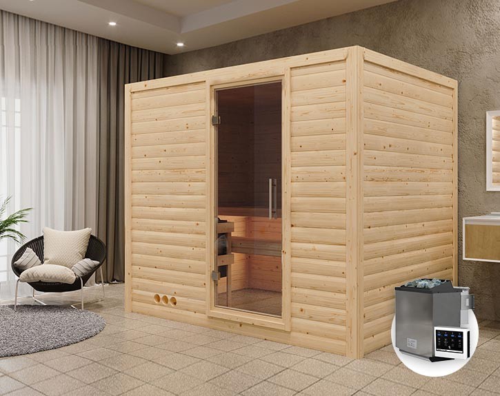 Karibu Innensauna Sonara + Comfort-Ausstattung + 9kW Bio-Kombiofen + externe Steuerung - 38mm Massivholzsauna - Ganzglastür klar