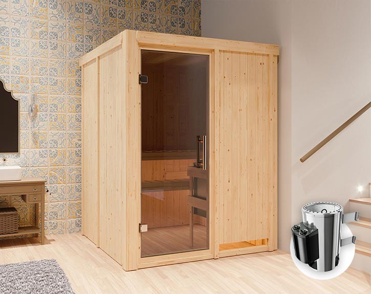 Karibu Innensauna Minja + 3,6kW Plug&Play Saunaofen + integrierte Steuerung - 68mm Elementsauna - Ganzglastür graphit - 230V Sauna