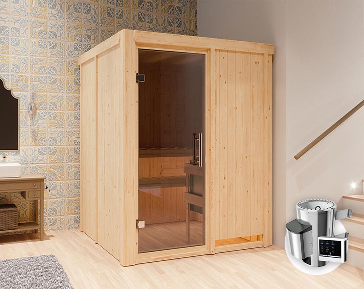 Karibu Innensauna Minja + 3,6kW Plug&Play Saunaofen + externe Steuerung Easy - 68mm Elementsauna - Ganzglastür graphit - 230V Sauna