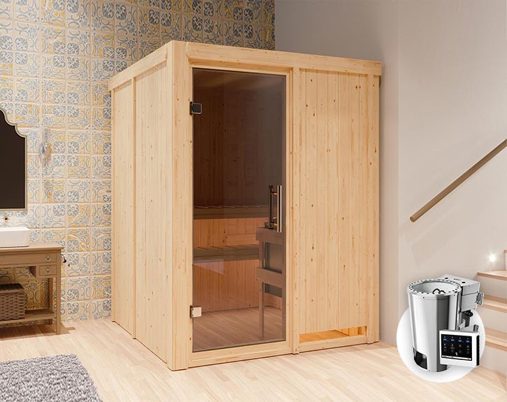 Karibu Innensauna Minja + 3,6kW Plug&Play Bio-Kombiofen + externe Steuerung Easy Bio - 68mm Elementsauna - Ganzglastür graphit - 230V Sauna