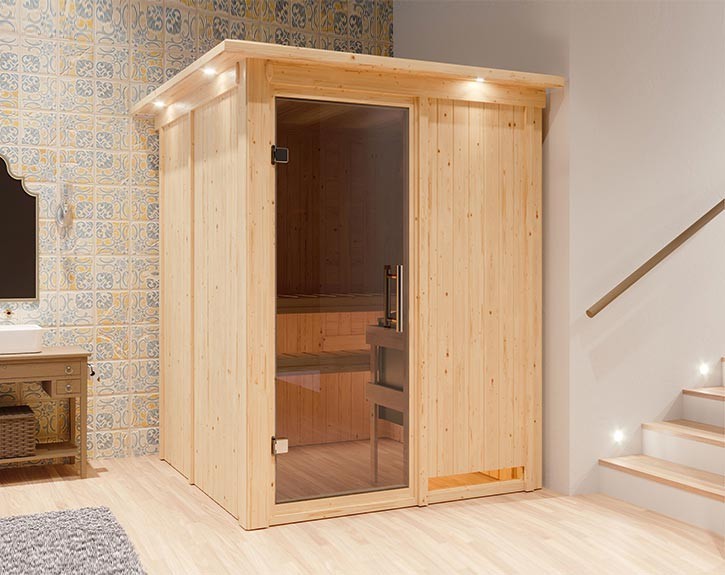 Karibu Innensauna Minja + Dachkranz - 68mm Elementsauna - Ganzglastür graphit - 230V Sauna