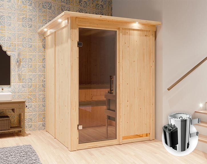 Karibu Innensauna Minja + Dachkranz + 3,6kW Plug&Play Saunaofen + integrierte Steuerung - 68mm Elementsauna - Ganzglastür graphit - 230V Sauna