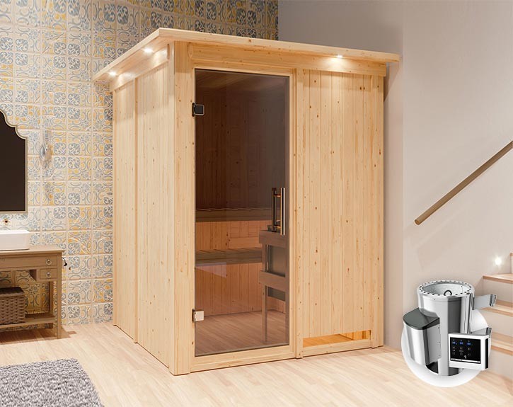 Karibu Innensauna Minja + Dachkranz + 3,6kW Plug&Play Saunaofen + externe Steuerung Easy - 68mm Elementsauna - Ganzglastür graphit - 230V Sauna