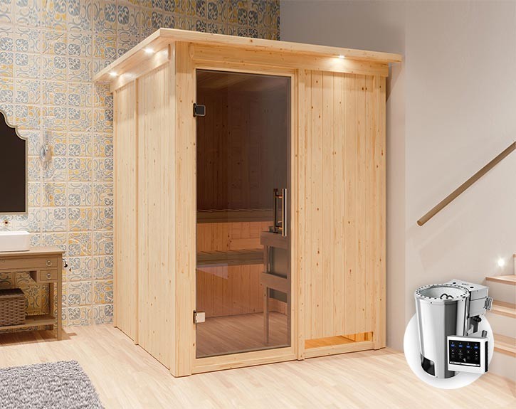 Karibu Innensauna Minja + Dachkranz + 3,6kW Plug&Play Bio-Kombiofen + externe Steuerung Easy Bio - 68mm Elementsauna - Ganzglastür graphit - 230V Sauna