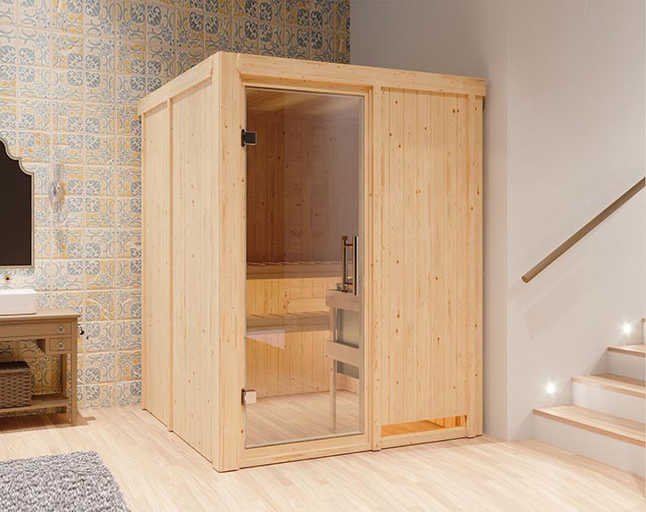 Karibu Innensauna Minja - 68mm Elementsauna - Ganzglastür klar - 230V Sauna