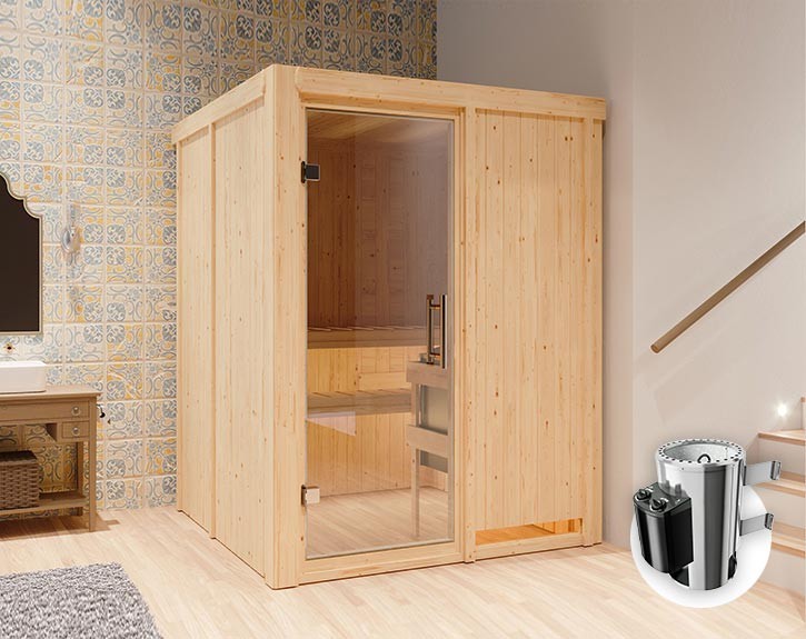 Karibu Innensauna Minja + 3,6kW Plug&Play Saunaofen + integrierte Steuerung - 68mm Elementsauna - Ganzglastür klar - 230V Sauna