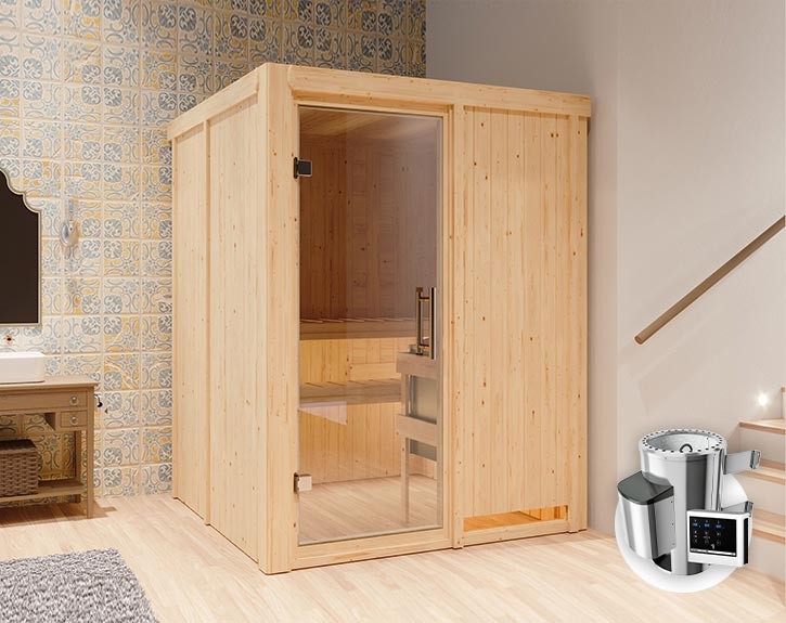 Karibu Innensauna Minja + 3,6kW Plug&Play Saunaofen + externe Steuerung Easy - 68mm Elementsauna - Ganzglastür klar - 230V Sauna