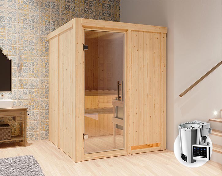 Karibu Innensauna Minja + 3,6kW Plug&Play Bio-Kombiofen + externe Steuerung Easy Bio - 68mm Elementsauna - Ganzglastür klar - 230V Sauna