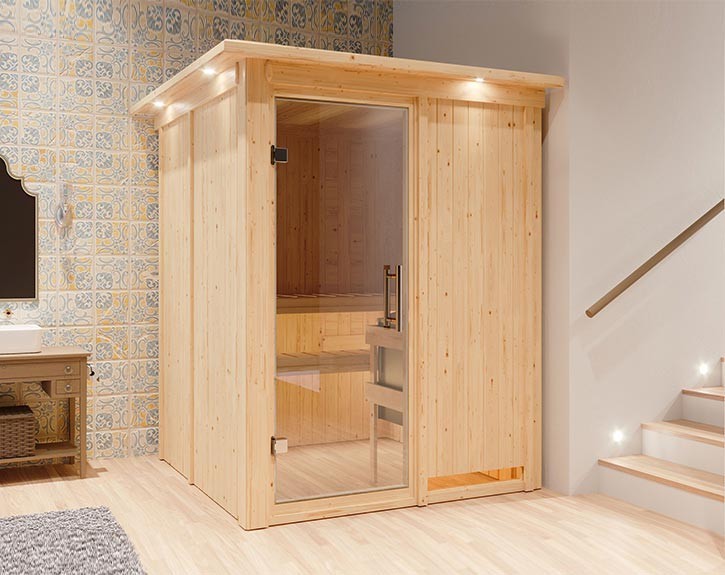 Karibu Innensauna Minja + Dachkranz - 68mm Elementsauna - Ganzglastür klar - 230V Sauna