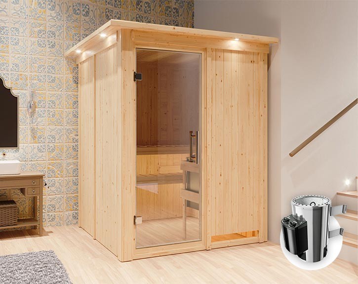 Karibu Innensauna Minja + Dachkranz + 3,6kW Plug&Play Saunaofen + integrierte Steuerung - 68mm Elementsauna - Ganzglastür klar - 230V Sauna