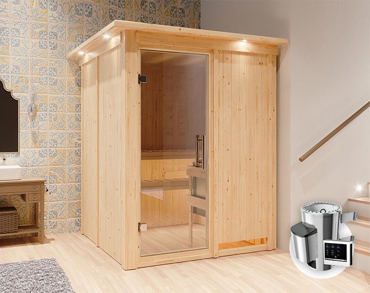 Karibu Innensauna Minja + Dachkranz + 3,6kW Plug&Play Saunaofen + externe Steuerung Easy - 68mm Elementsauna - Ganzglastür klar - 230V Sauna