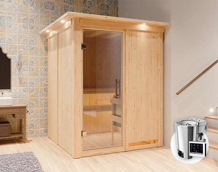 Karibu Innensauna Minja + Dachkranz + 3,6kW Plug&Play Bio-Kombiofen + externe Steuerung Easy Bio - 68mm Elementsauna - Ganzglastür klar - 230V Sauna