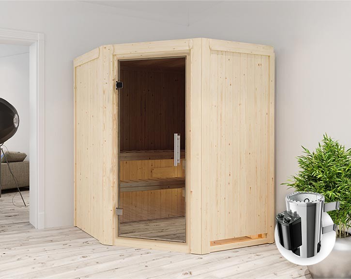 Karibu Innensauna Nanja + 3,6kW Plug&Play Saunaofen + integrierte Steuerung - 68mm Elementsauna Nanja - Ganzglastür graphit - Ecksauna - 230V Sauna