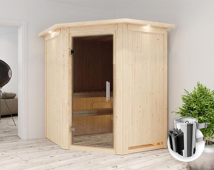 Karibu Innensauna Nanja + Dachkranz + 3,6kW Plug&Play Saunaofen + integrierte Steuerung - 68mm Elementsauna Nanja - Ganzglastür graphit - Ecksauna - 230V Sauna