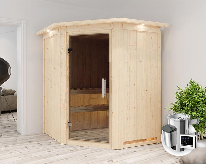 Karibu Innensauna Nanja + Dachkranz + 3,6kW Plug&Play Saunaofen + externe Steuerung Easy - 68mm Elementsauna Nanja - Ganzglastür graphit - Ecksauna - 230V Sauna