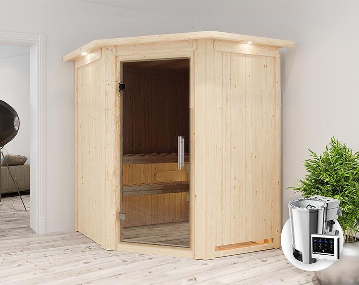 Karibu Innensauna Nanja + Dachkranz + 3,6kW Plug&Play Bio-Kombiofen + externe Steuerung Easy Bio - 68mm Elementsauna Nanja - Ganzglastür graphit - Ecksauna - 230V Sauna