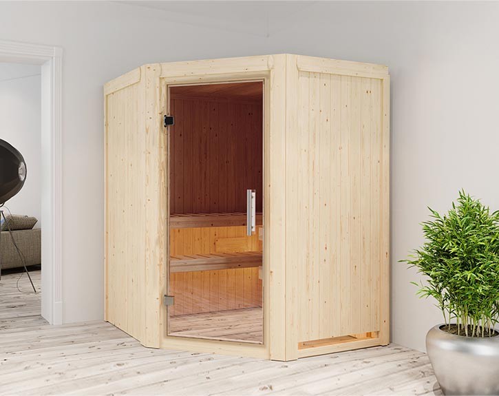 Karibu Innensauna Nanja - 68mm Elementsauna Nanja - Ganzglastür klar - Ecksauna - 230V Sauna