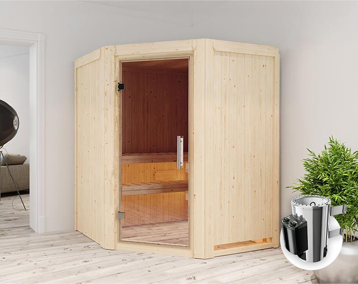 Karibu Innensauna Nanja + 3,6kW Plug&Play Saunaofen + integrierte Steuerung - 68mm Elementsauna Nanja - Ganzglastür klar - Ecksauna - 230V Sauna