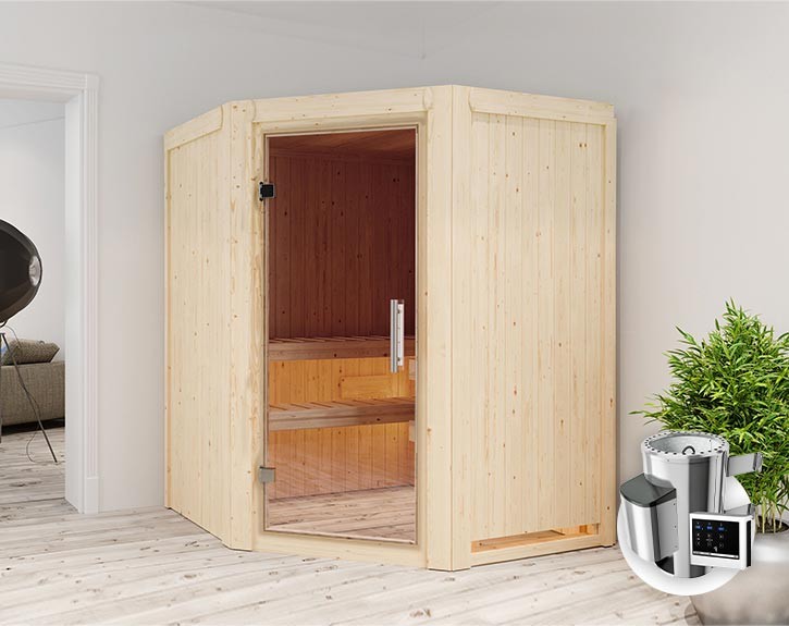 Karibu Innensauna Nanja + 3,6kW Plug&Play Saunaofen + externe Steuerung Easy - 68mm Elementsauna Nanja - Ganzglastür klar - Ecksauna - 230V Sauna