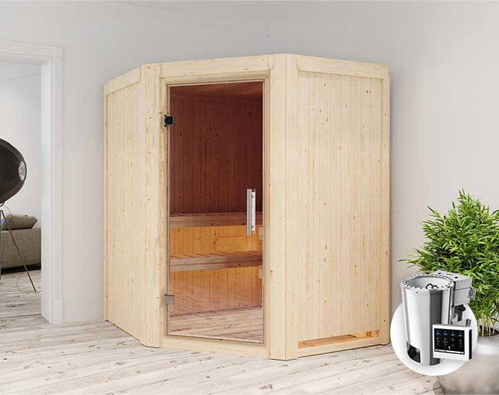 Karibu Innensauna Nanja + 3,6kW Plug&Play Bio-Kombiofen + externe Steuerung Easy Bio - 68mm Elementsauna Nanja - Ganzglastür klar - Ecksauna - 230V Sauna