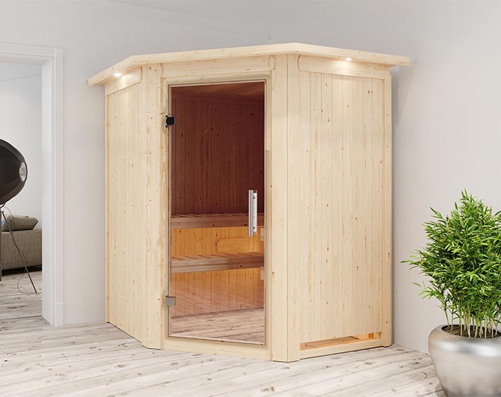 Karibu Innensauna Nanja + Dachkranz - 68mm Elementsauna Nanja - Ganzglastür klar - Ecksauna - 230V Sauna