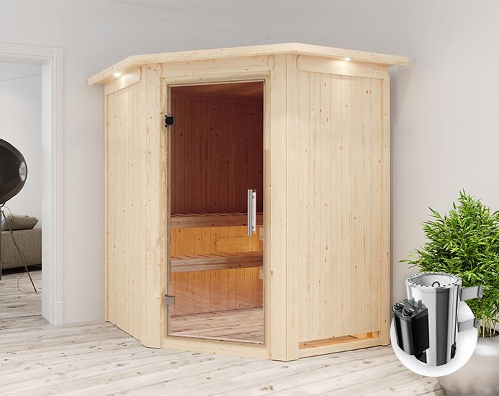 Karibu Innensauna Nanja + Dachkranz + 3,6kW Plug&Play Saunaofen + integrierte Steuerung - 68mm Elementsauna Nanja - Ganzglastür klar - Ecksauna - 230V Sauna