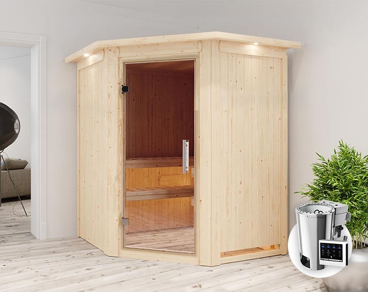 Karibu Innensauna Nanja + Dachkranz + 3,6kW Plug&Play Bio-Kombiofen + externe Steuerung Easy Bio - 68mm Elementsauna Nanja - Ganzglastür klar - Ecksauna - 230V Sauna