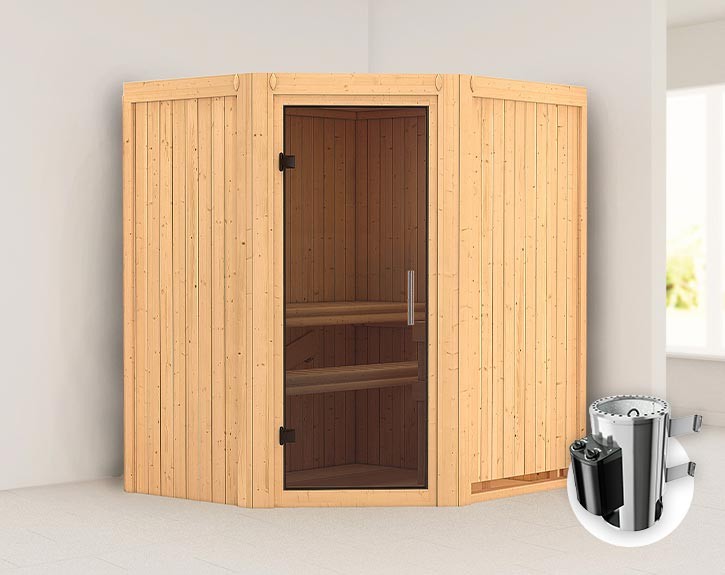 Karibu Innensauna Tonja + 3,6kW Plug&Play Saunaofen + integrierte Steuerung - 68mm Elementsauna - Ganzglastür graphit - Ecksauna - 230V Sauna