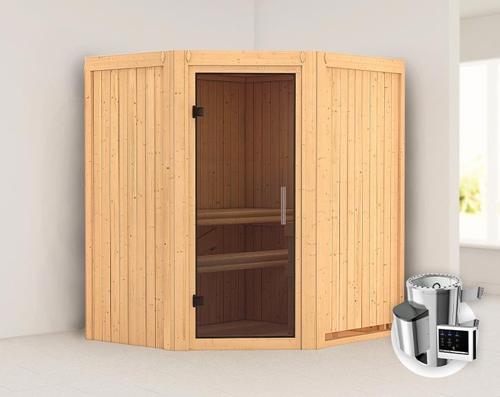 Karibu Innensauna Tonja + 3,6kW Plug&Play Saunaofen + externe Steuerung Easy - 68mm Elementsauna - Ganzglastür graphit - Ecksauna - 230V Sauna