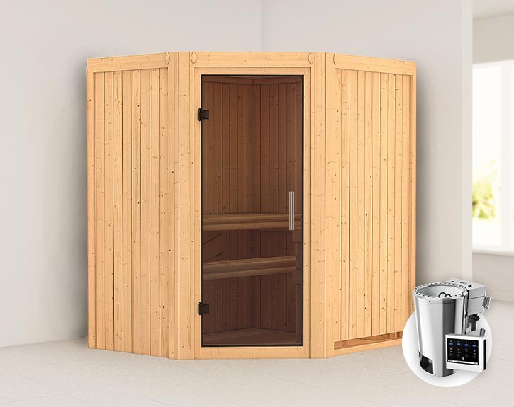 Karibu Innensauna Tonja + 3,6kW Plug&Play Bio-Kombiofen + externe Steuerung Easy Bio - 68mm Elementsauna - Ganzglastür graphit - Ecksauna - 230V Sauna