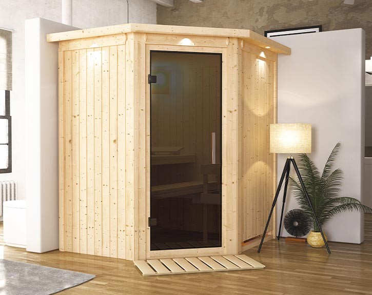 Karibu Innensauna Tonja + Dachkranz - 68mm Elementsauna - Ganzglastür graphit - Ecksauna - 230V Sauna