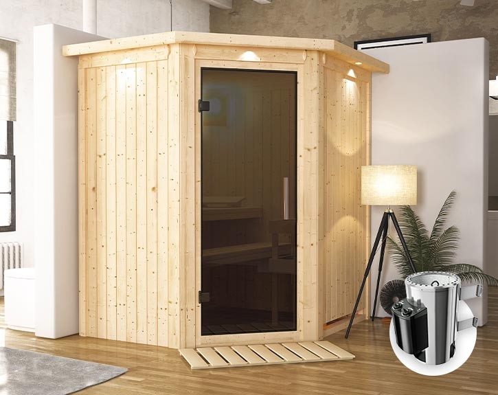 Karibu Innensauna Tonja + Dachkranz + 3,6kW Plug&Play Saunaofen + integrierte Steuerung - 68mm Elementsauna - Ganzglastür graphit - Ecksauna - 230V Sauna